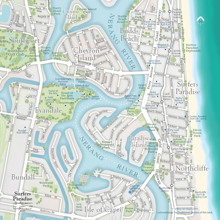 Map Of Surfers Paradise Surfers Paradise 150 | Antipo Art Maps