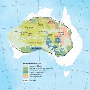 Australia's arid zone showing regions and vegetation types (Australian Deserts: Ecology and Landscapes, S Morton, CSIRO Publishing 2020)